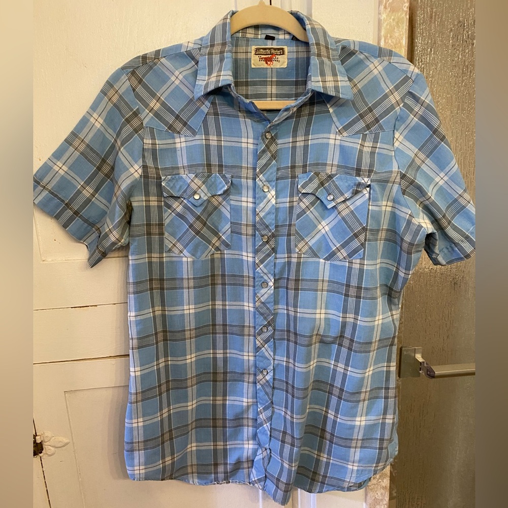 Vintage Light Blue and Gray Western Plaid Button Down Shirt